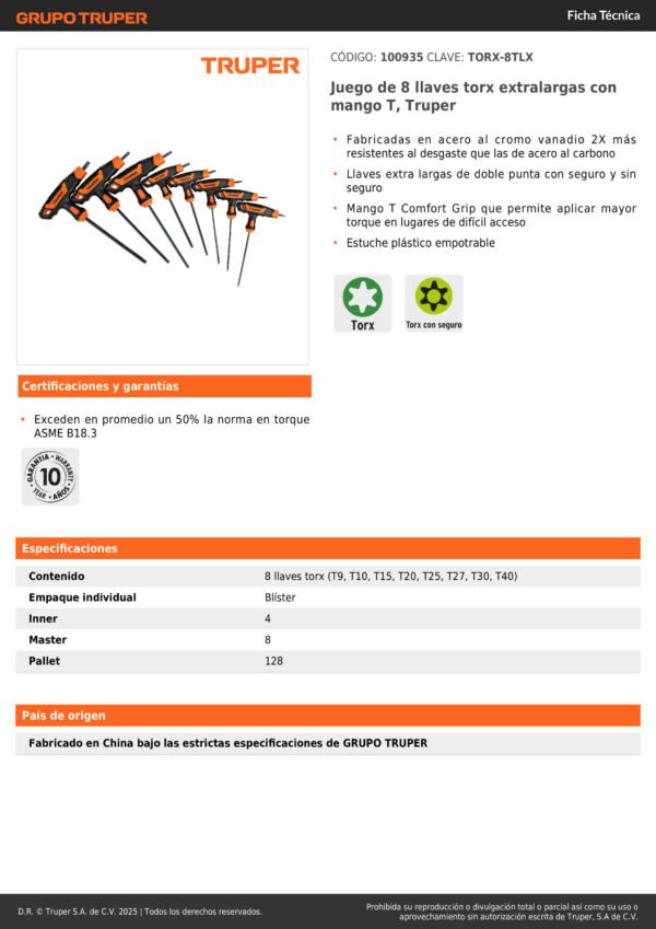 100935_001 Juego de 8 llaves torx extralargas con mango T - Truper