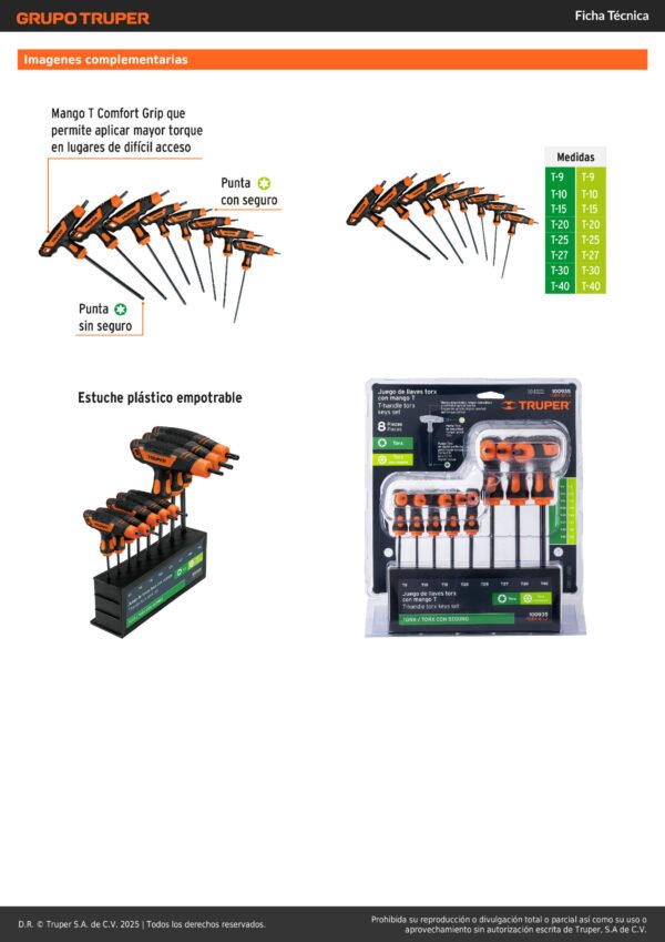 100935_002 Juego de 8 llaves torx extralargas con mango T - Truper