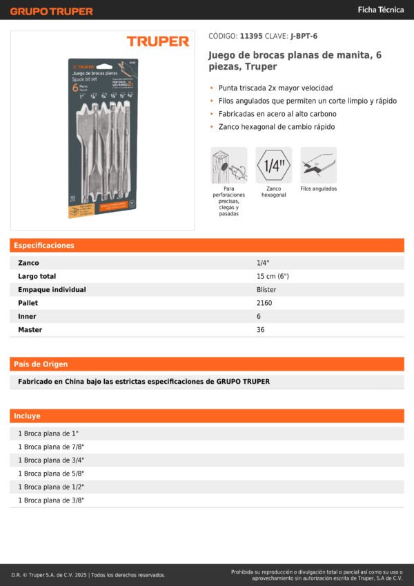 Juego 6 Brocas Espada Para Madera Truper
