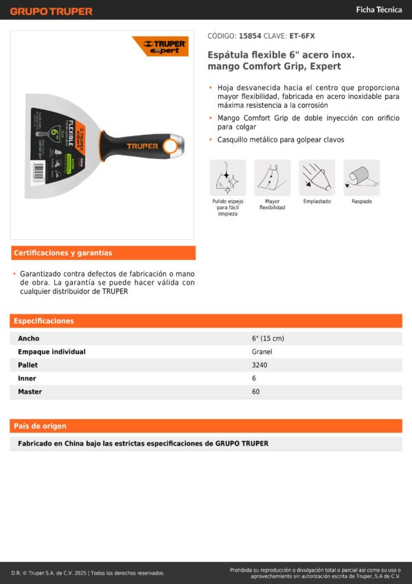 Espátula Flexible Acero Inoxidable 6 Truper