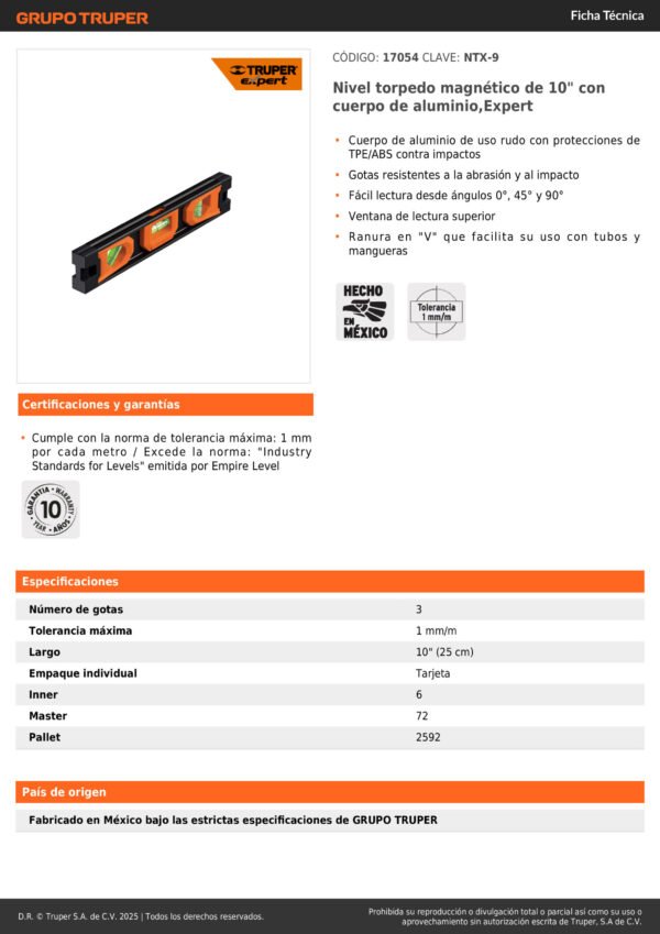 Nivel Torpedo Magnético De 10" Con Cuerpo De Aluminio