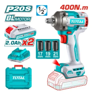 Kit Llave Impacto 400nm Total 20v + 2 Baterias Inalam Total
