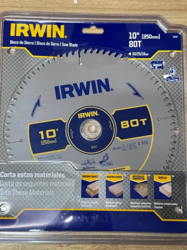 Disco 10'' Sierra 80 Dientes eje 30mm + 2 Anillos16mm y 25mm 10 pulgadas Irwin