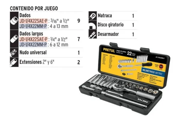 Juego De Copas 22 Piezas 1/4" Para Mecánico 23980 Pretul