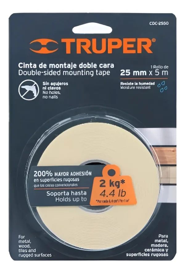 Cinta Doble Faz Rollo 5m X 25mm Truper 11727