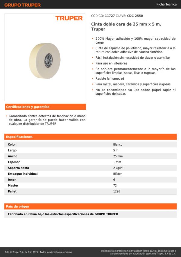 Cinta Doble Faz Rollo 5m X 25mm Truper 11727