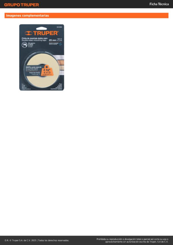Cinta Doble Faz Rollo 5m X 25mm Truper 11727