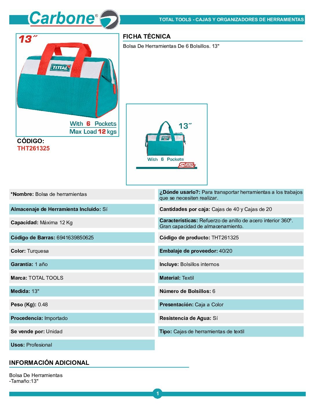 Maleta De Herramientas Morral 13 Maletín Tht261325 Total