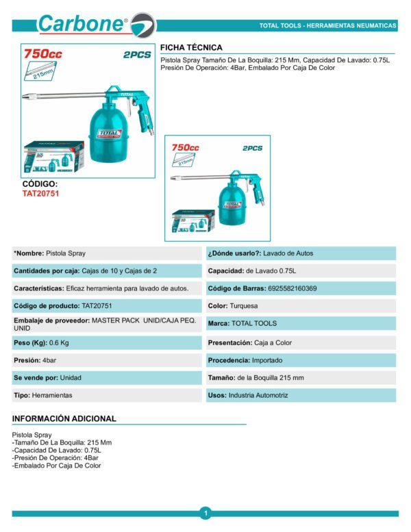 Petrolizadora 750cc Pistola Spray De Lavado Total Tat20751