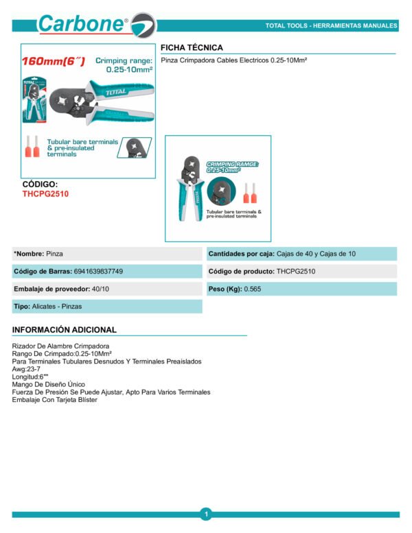 thcpg2510-pinza-crimpadora-cable (1)_001 Alicate Ponchador 7pul Terminal Tubular Preaislado 0.25-10mm