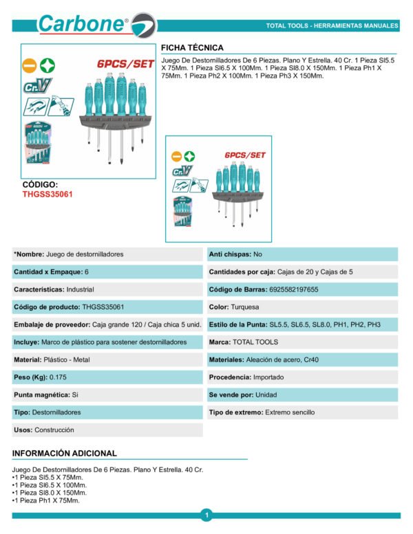 Set 6 Destornilladores De Golpe Pala Y Cruz Total Thgss35061