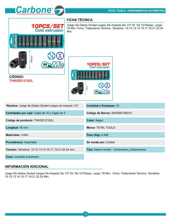 thkisd12102l-juego-de-dados-sock_001 Kit 10 Copas Largas 1/2 Impacto Total