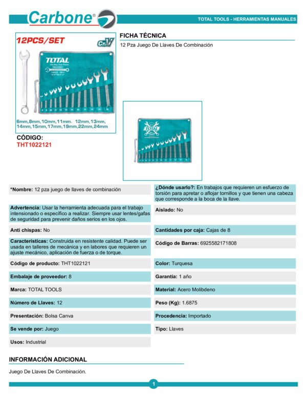 tht1022121-12-pza-juego-de-llave_001 Juego 12 Llaves Mixtas Combinadas 6-24mm Largas Total Mate
