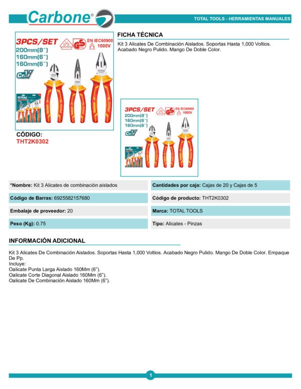 Set Alicate + Pinza + Cortafrio 1000v Aislados 6puLG Total