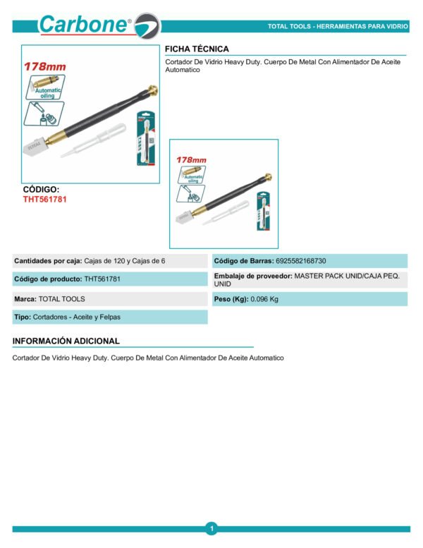 Corta Vidrio Metalico 18cm Industrial Total 5000 Metros