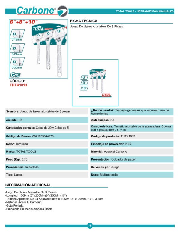 thtk1013-juego-de-llaves-ajustab_001 Kit X 3 Llaves Expansiva 6'' 8'' Y 10'' Total Thtk1013