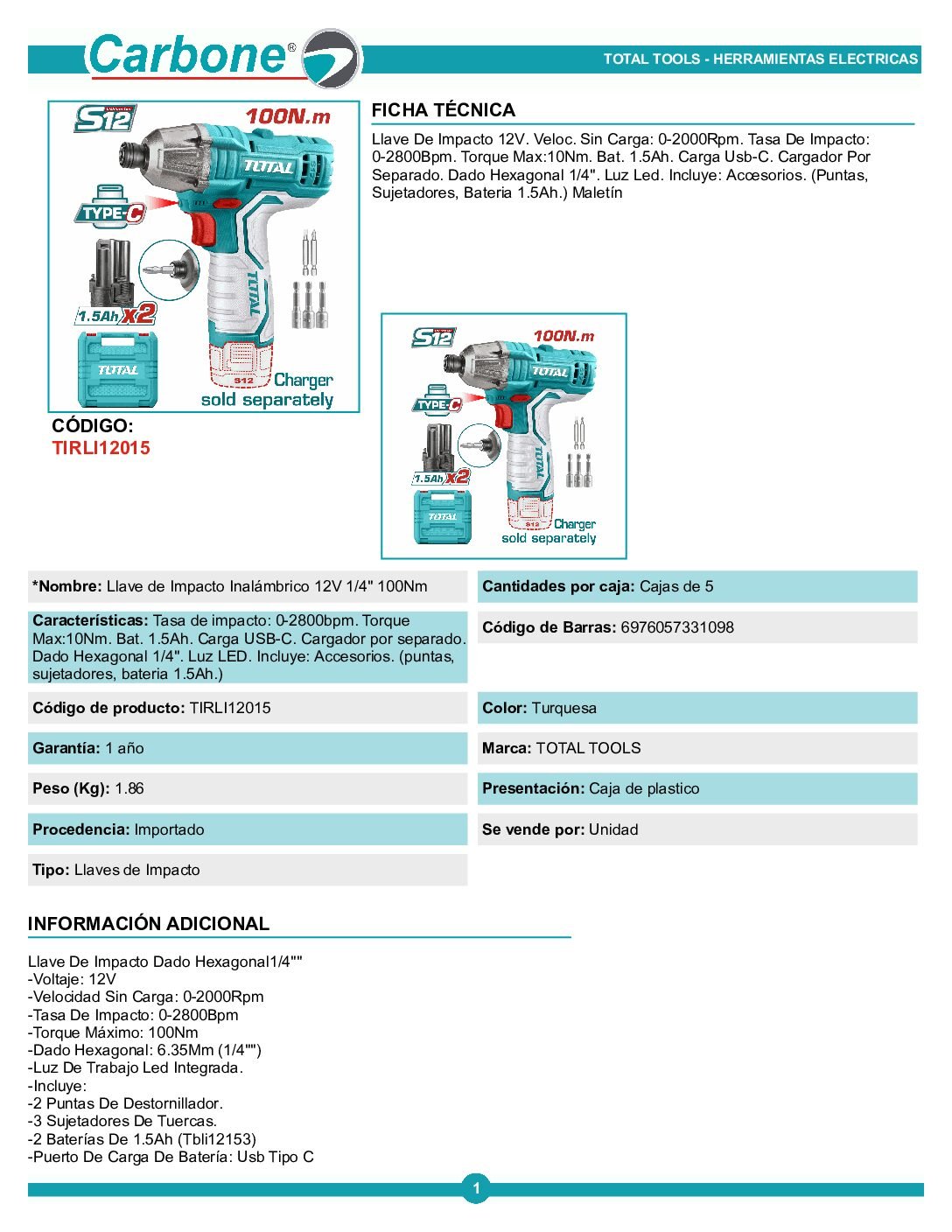 Atornillador Impacto Inal 14 100nm + 2 Baterias + 5 Accesor