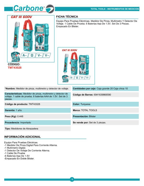 Multimetro + Multitester Con Pinza + Probador De Volt Total