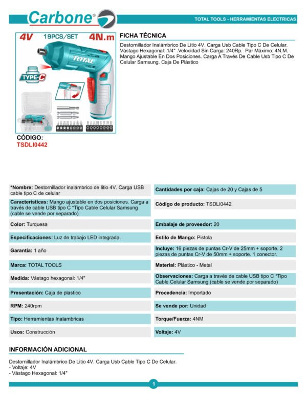 Destornillador Inalambricor Escualizable 4v + 19acc + Cable Total