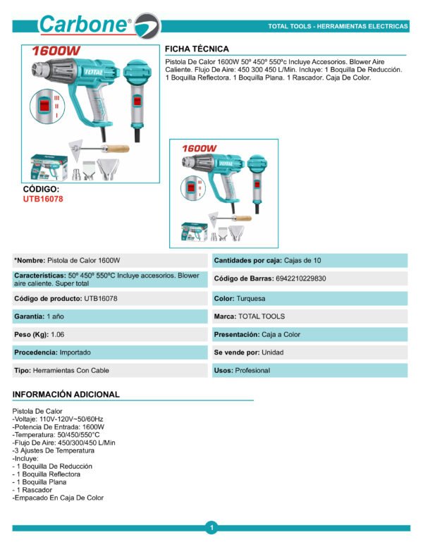 Pistola De Calor Inalambrica 20v 300550°c Total Sin Bateria
