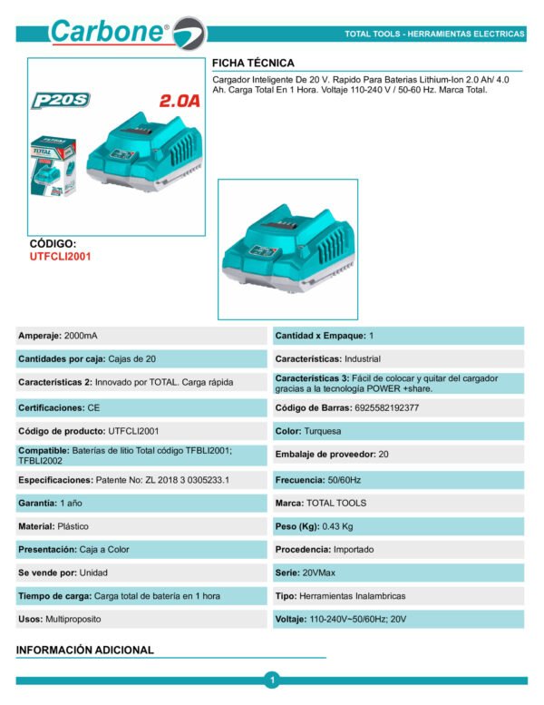 Cargador 2.0ah Carga Rapida Apto 2ah Y 4ah Total Utfcli2001