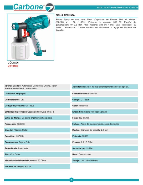 Pistola Para Pintar 450w Industrial Total Utt3506 + 2 Acc