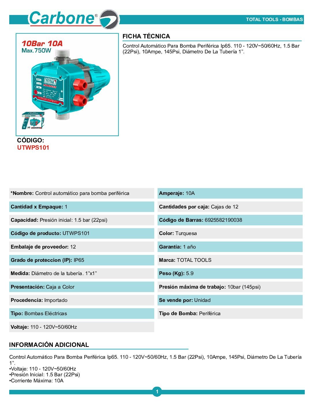 Control Automático Para Bombas 10bar (145psi) 110-120v Total