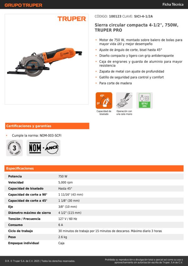 Sierra Circular Compacta 4-1/2'' De Gatillo 750w Truper