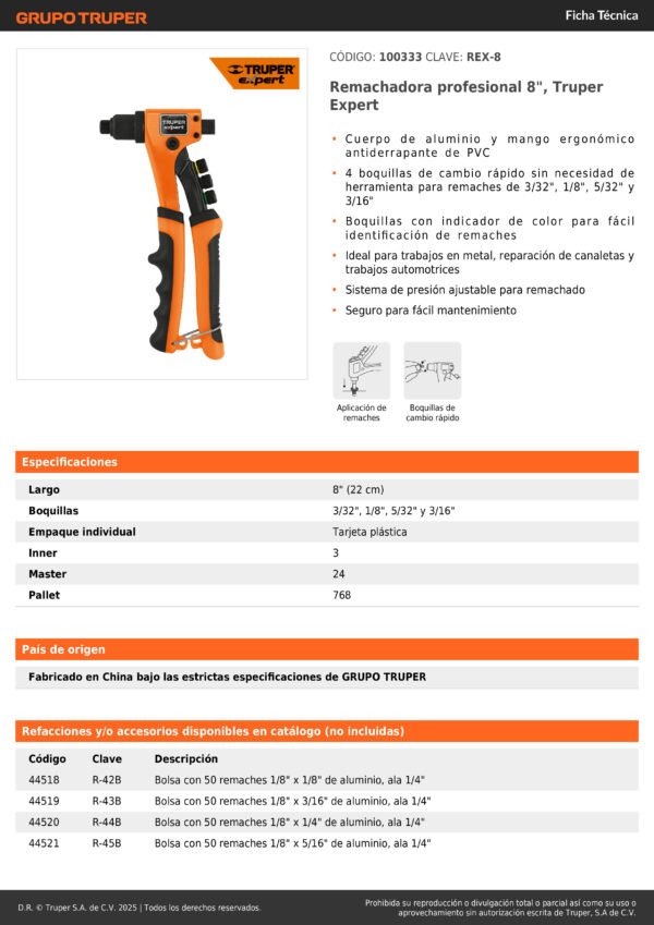 Remachadora Manual 4 Boquillas 8 Pulgadas Truper 100333