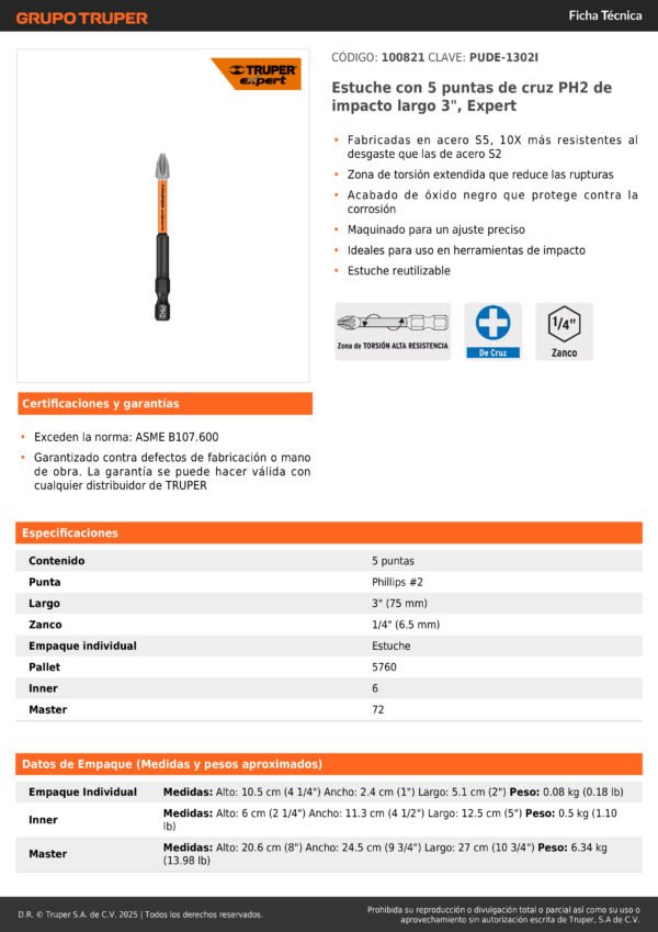 Estuche 5 Puntas Cruz Largars Ph2 De Impacto 3'' Truper