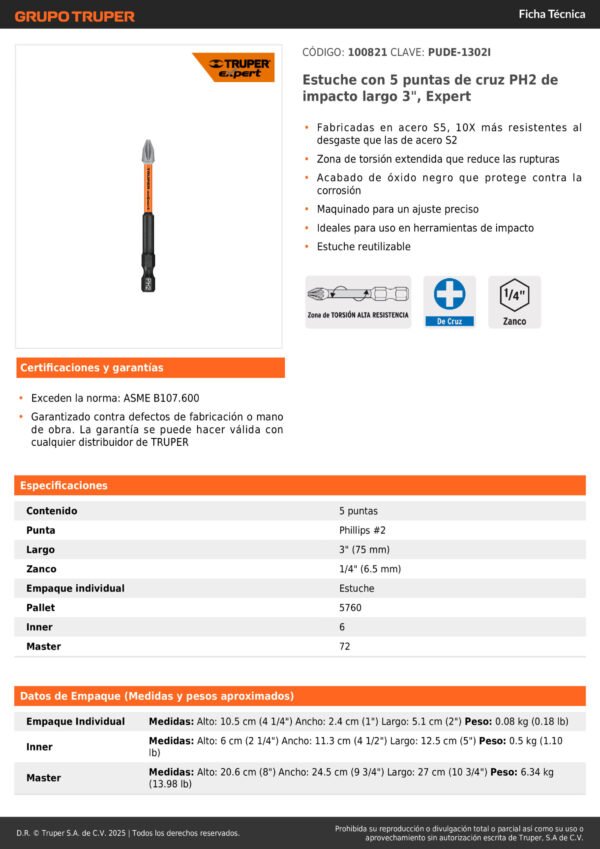 100821_001 Estuche 5 Puntas Cruz Largars Ph2 De Impacto 3'' Truper