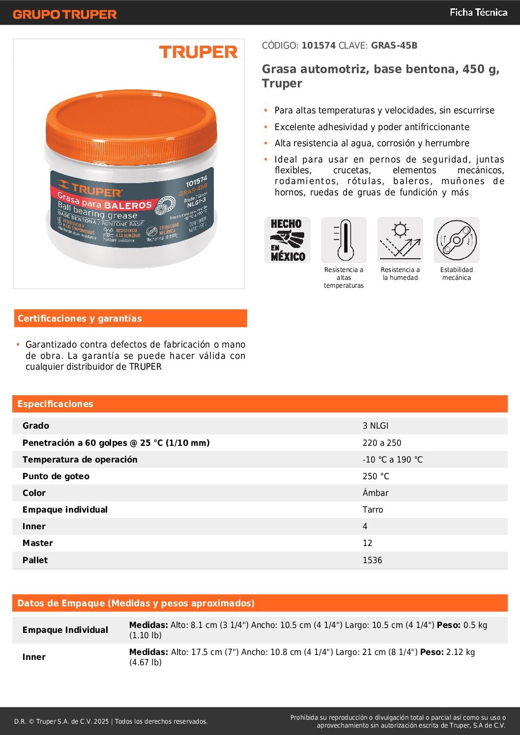 Grasa Para Rodamientos Automotriz Baleros 450g Truper