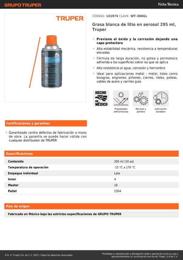 Grasa Blanca Lubricante De Litio Aerosol 295 Ml Truper