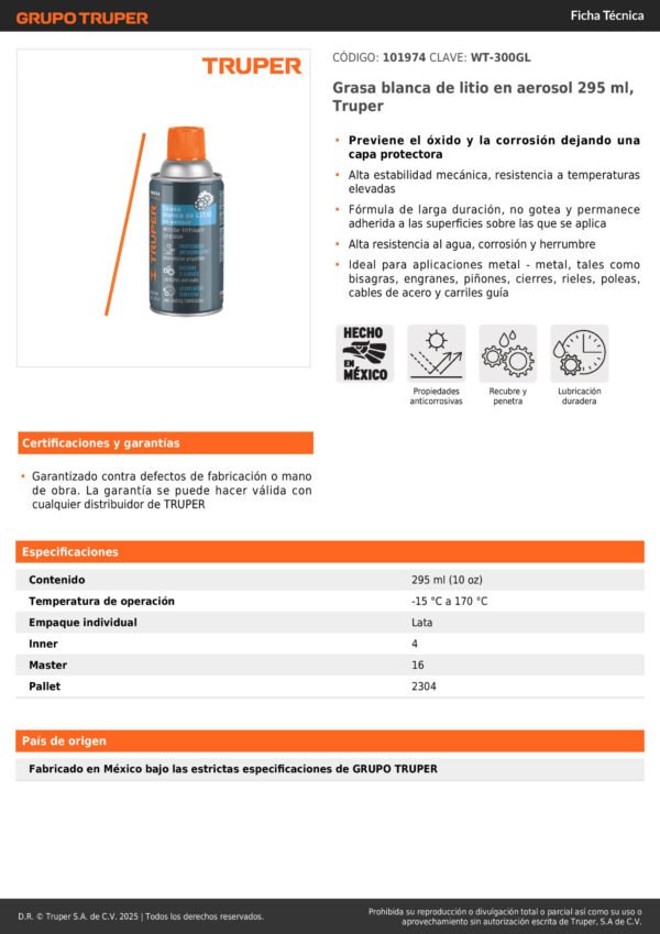 Grasa Blanca Lubricante De Litio Aerosol 295 Ml Truper
