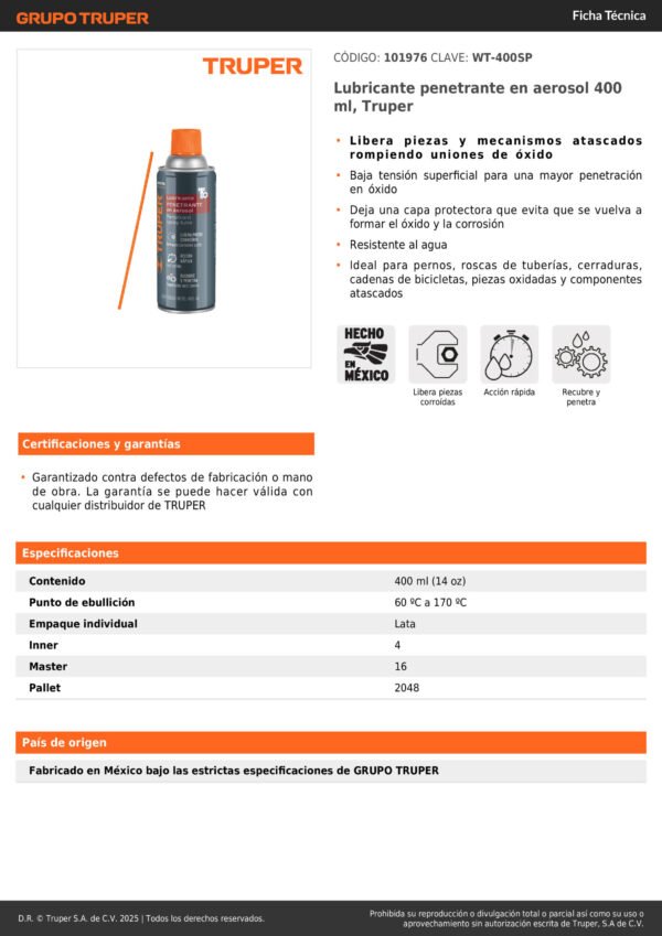 Lubricante Penetrante En Aerosol Anti Oxido De 400 Ml Truper