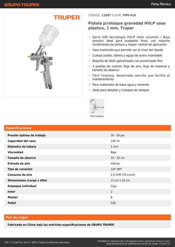 Aerografo Pistola Gravedad 120ml Boquilla 1mm Truper 11097