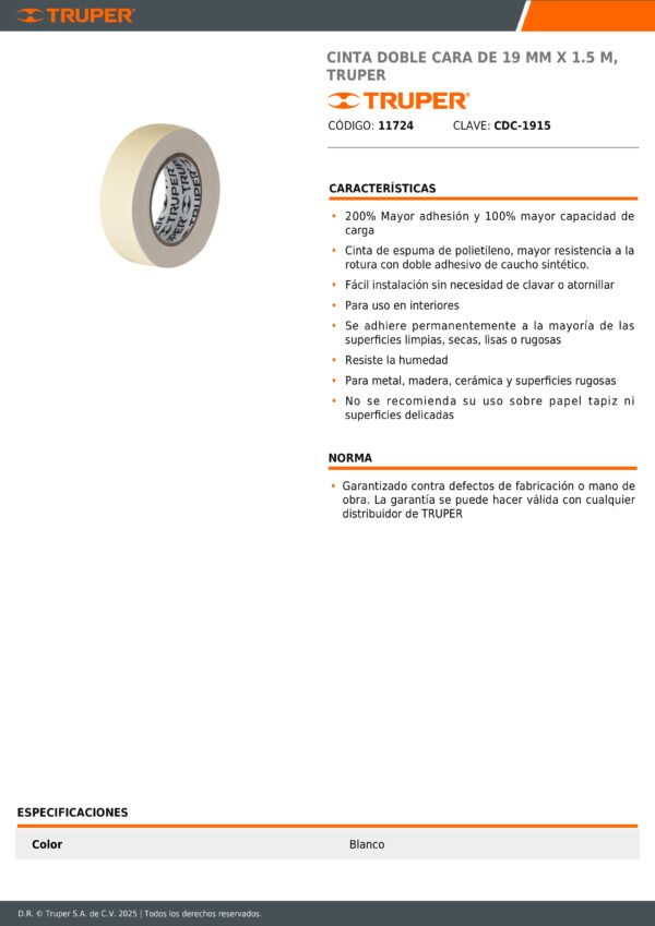 Cinta De Montaje Doble Cara Truper 19mm X 1,5m