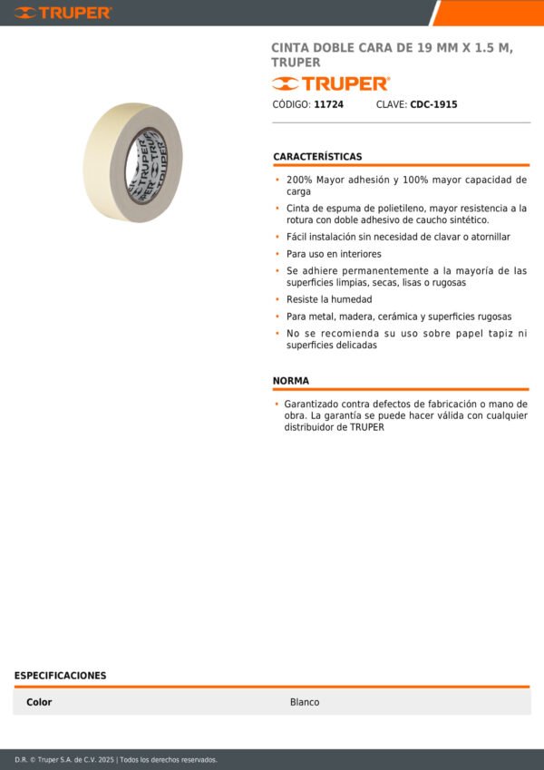 Cinta De Montaje Doble Cara Truper 19mm X 1,5m