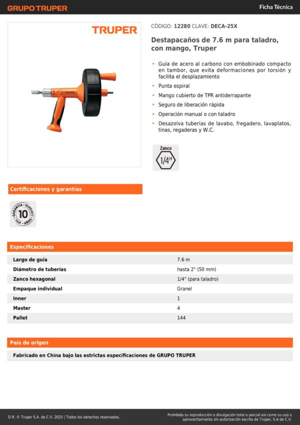 12280_001 Destapacaños Sonda Para Taladro Truper 12280