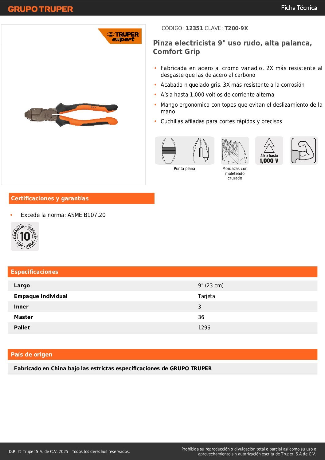 Alicate De Electricista Comfort Grip 9 Pulgadas Truper 12351