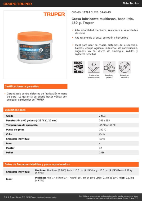 12783_001 Grasa Lubricante Truper Multiusos Carro Moto 450g 12783