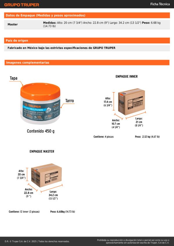 12783_002 Grasa Lubricante Truper Multiusos Carro Moto 450g 12783