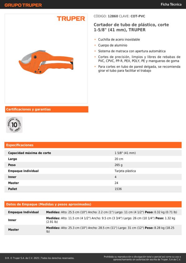 Cortatubo (64mm) 2 12 Cortador Pvc, Plastico Industrial