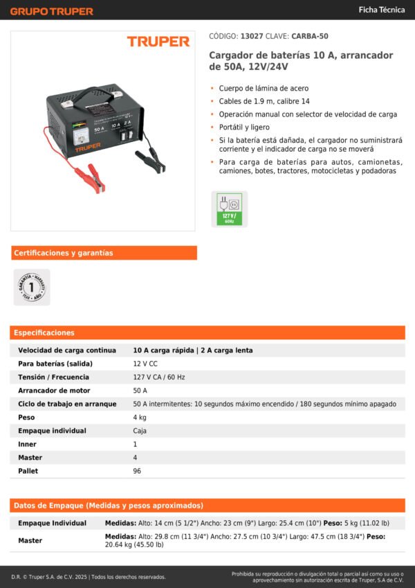 Cargador Bateria Para Carro O Moto 12v 50a Truper 13027