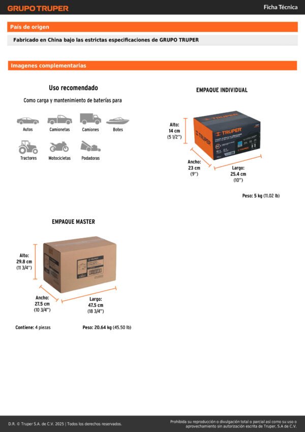 Cargador Bateria Para Carro O Moto 12v 50a Truper 13027
