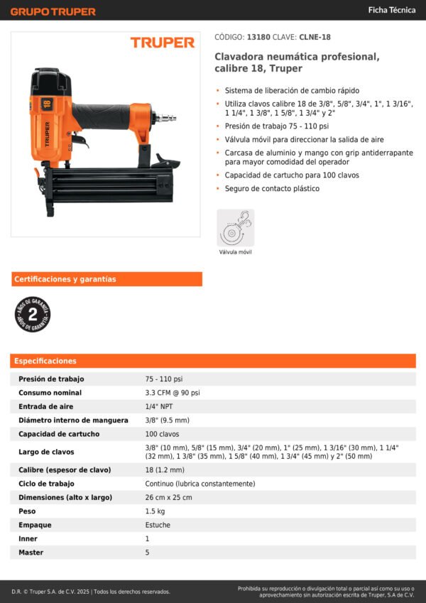 Clavadora Neumática Profesional Calibre 18 Truper