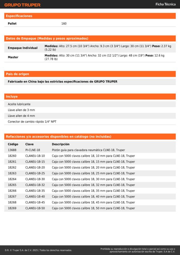 Clavadora Neumática Profesional Calibre 18 Truper