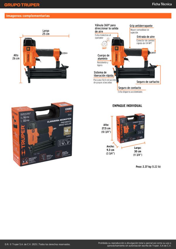 Clavadora Neumática Profesional Calibre 18 Truper