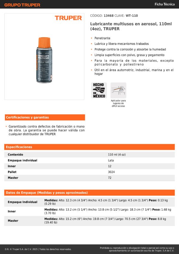 Lubricante Aflojatodo En Aerosol, 110 Ml, Truper