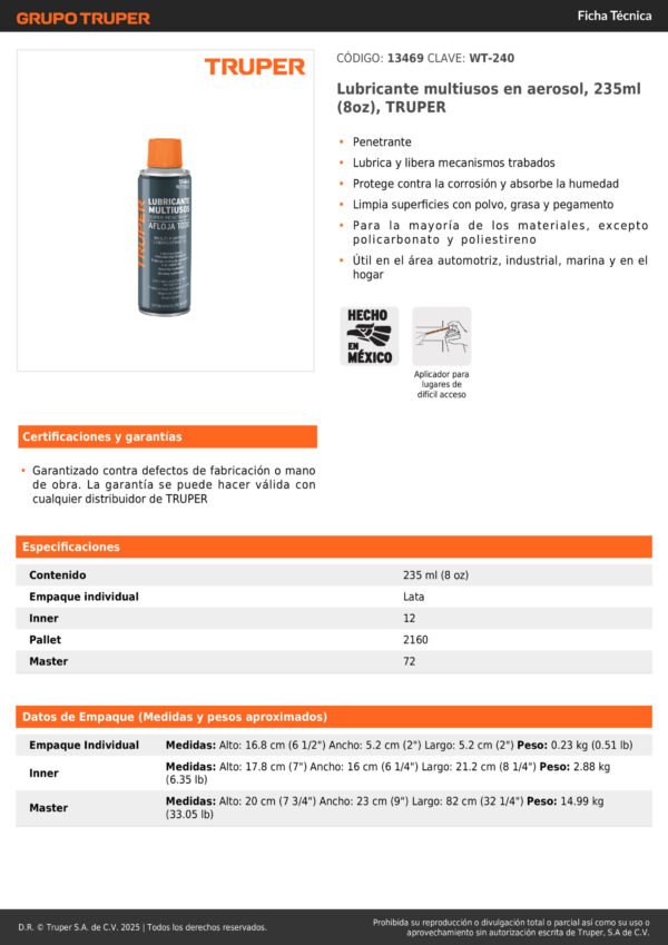Aflojatodo Multiusos En Aerosol, 235ml (8oz), Truper 13469
